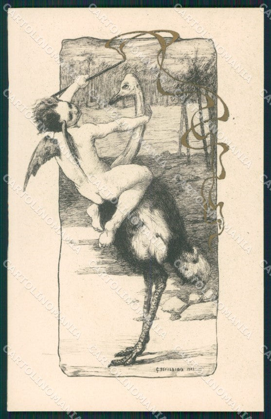 Artist Bevilacqua Art Nouveau Cupid Angel Ostrich postcard cartolina KS5694 – fronte