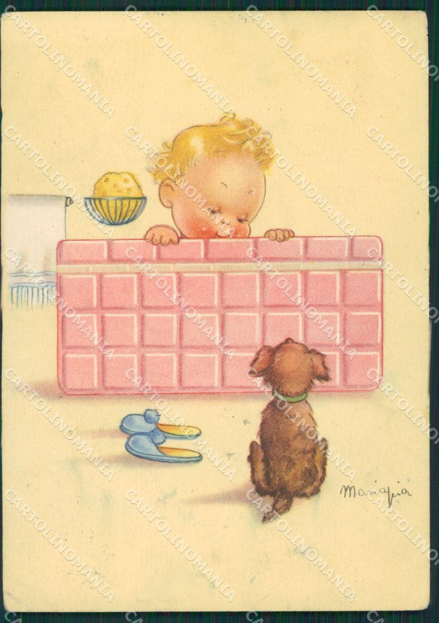 Maria Pia Child Bathtub Dog serie 5003 FG CREASE postcard cartolina KS5809 – fronte