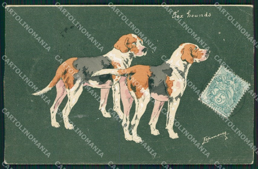 Artist Espinasse Fox Hounds dog postcard cartolina KS6090 – fronte