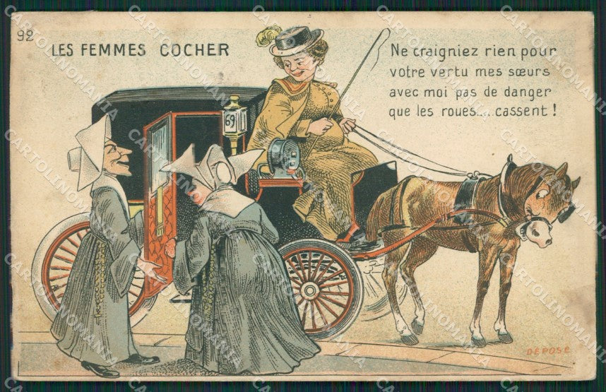 Femmes Nun Cocher Horse comic postcard cartolina KS6116 – fronte