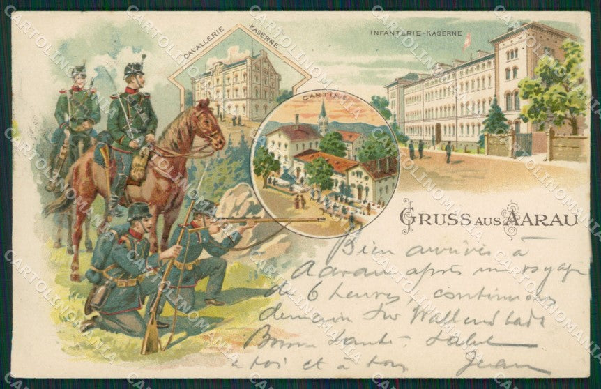 Swiss Gruss Aarau Horse Soldier Uniform Militari postcard cartolina KS6139 – fronte