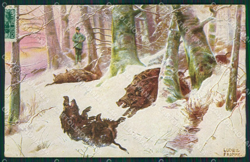 Artist Ludwig Fromme Boar Sporting dog Hunting Caccia CREASES cartolina KS6187 – fronte
