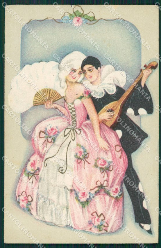 Chiostri Art Deco Pierrot Mandolin CREASES ABRADED postcard cartolina KS7286 – fronte