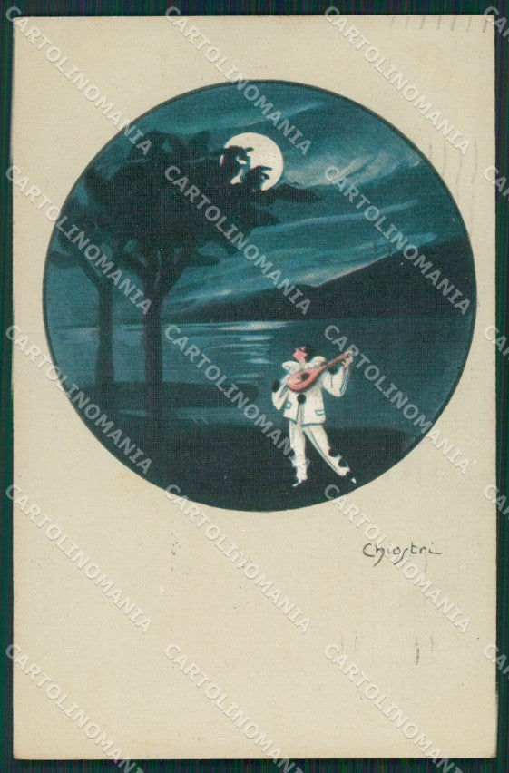 Artist Chiostri Art Deco Pierrot Paper Moon Mandolin postcard cartolina KS7291 – fronte