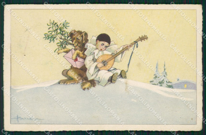 Artist Busi Art Deco Pierrot Degami serie 117 Mandolin ABRADED cartolina KS7298 – fronte