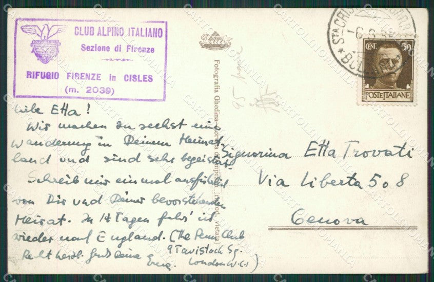 Bolzano Santa Cristina Valgardena Rifugio Firenze Cai Foto cartolina KV3858 – retro