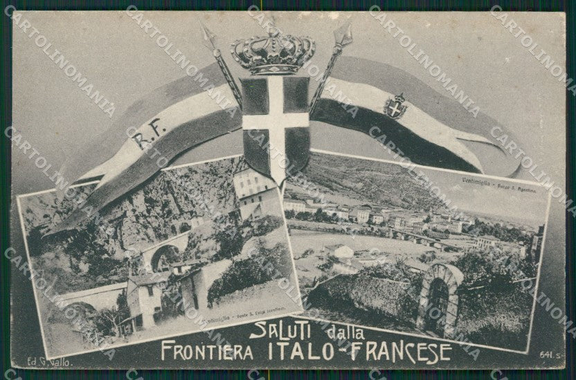 Imperia Ventimiglia Grimaldi Frontiera Saluti ABRASA SCOLLATA cartolina KV5982 – fronte