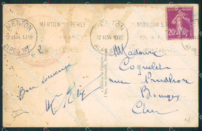 Francia Menton Mentone Frontiera Foto cartolina KV6090 – retro