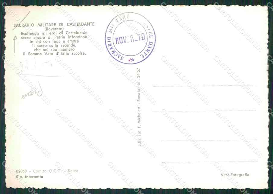 Trento Rovereto Castel Dante Sacrario Militare PIEGA Foto FG cartolina KV7192 – retro