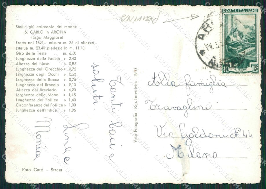 Novara Arona San Carlo Borromeo Lago Maggiore PIEGHINA Foto FG cartolina KV7344 – retro