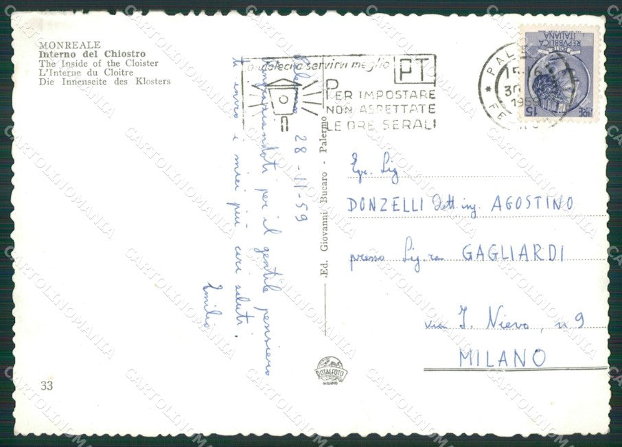 Palermo Monreale Foto FG cartolina KV7435 – retro