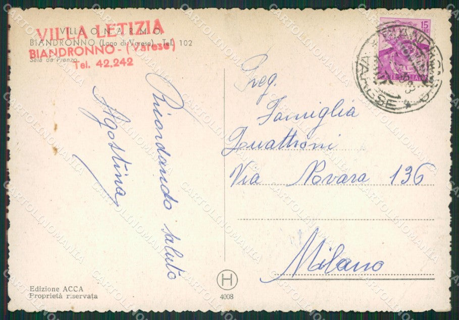 Varese Biandronno PIEGHE FG cartolina KV7803 – retro