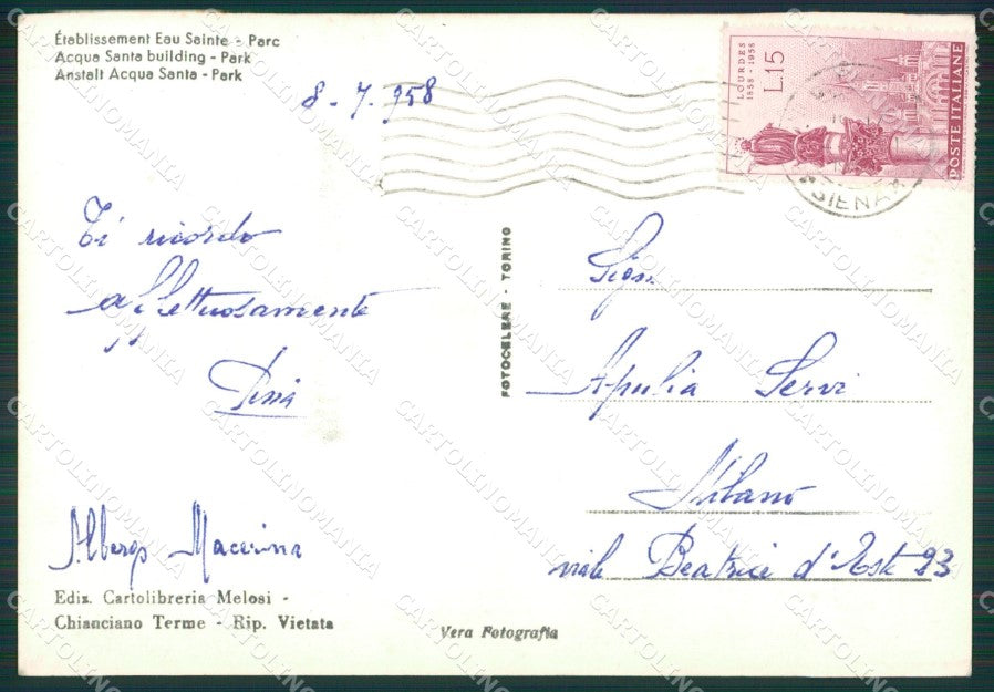 Siena Chianciano Terme Stabilimento Acquasanta Foto FG cartolina KV7987 – retro