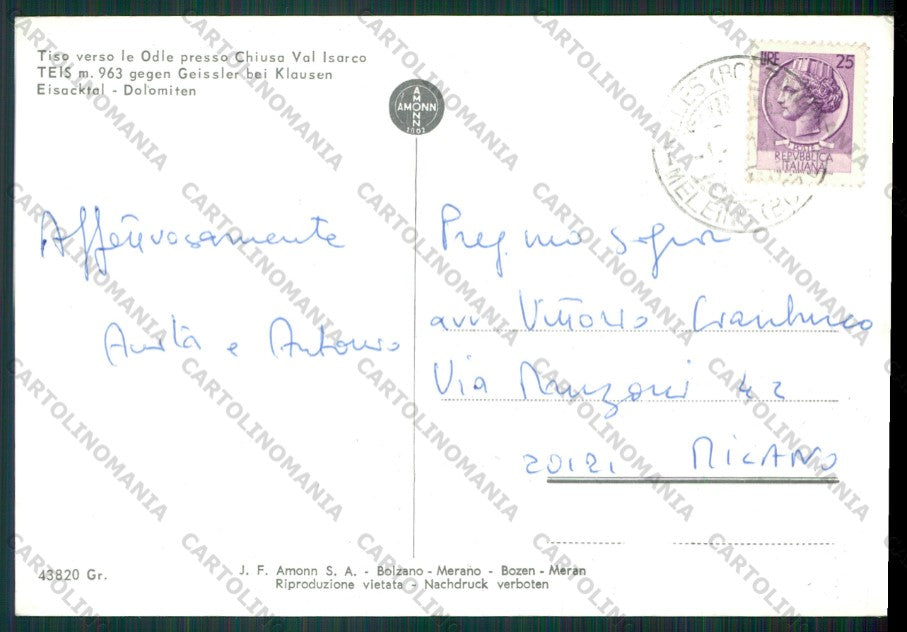 Bolzano Funes Tiso Foto FG cartolina KV8419 – retro
