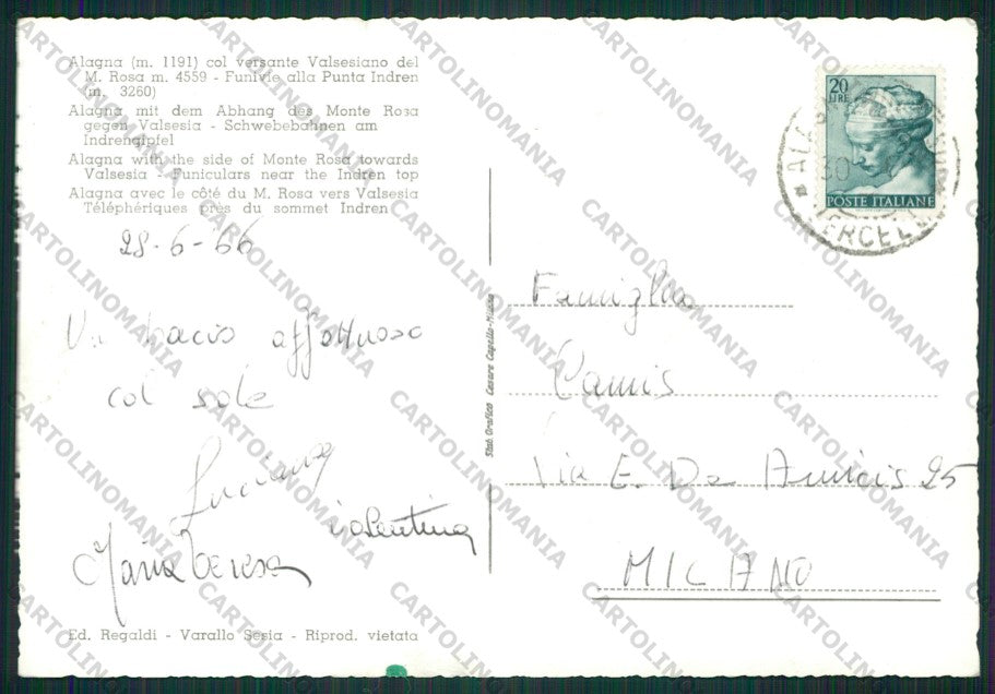 Vercelli Alagna Sesia Massiccio del Rosa Foto FG cartolina KV8873 – retro