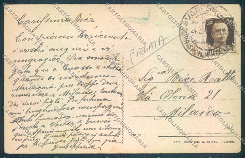 Varese Cuasso al Piano PIEGATA cartolina LQ7237 – retro