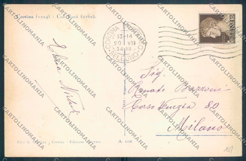 Belluno Cortina d'Ampezzo cartolina LQ9159 – retro