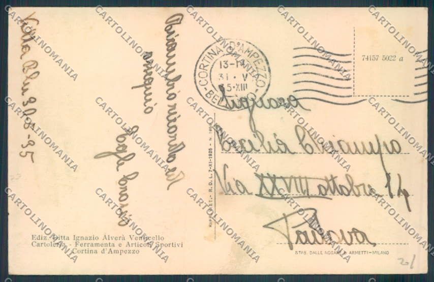 Belluno Vetralla Tre Croci cartolina LQ9869 – retro