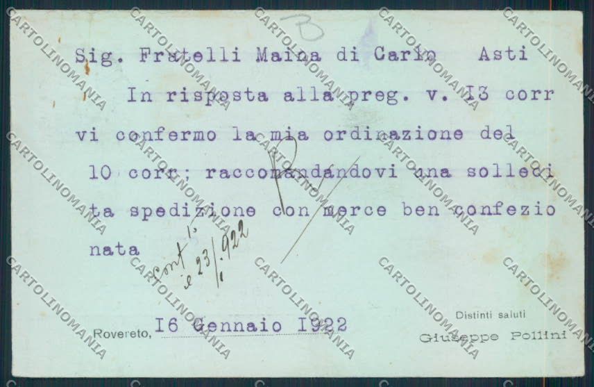 Trento città Commerciale cartolina MQ0355 – retro