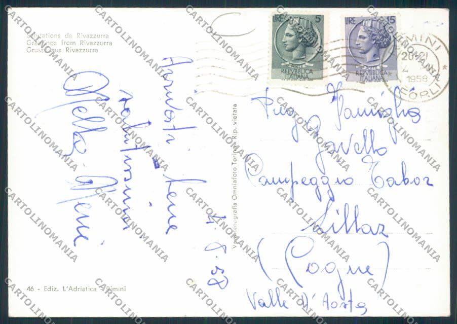 Rimini Rivazzurra Saluti da Foto FG cartolina MQ1815 – retro