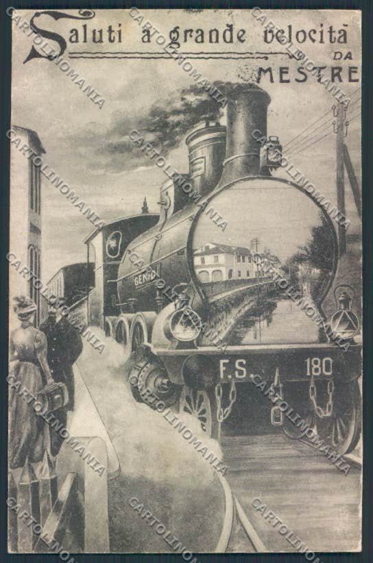 Venezia Mestre Saluti Treno RIFILATA cartolina MQ2218 – fronte