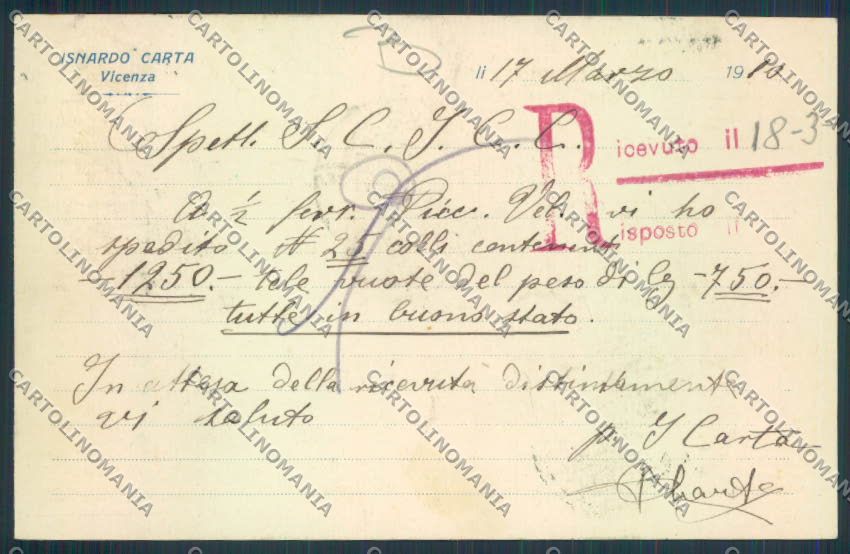 Vicenza Commerciale cartolina MQ2820 – retro