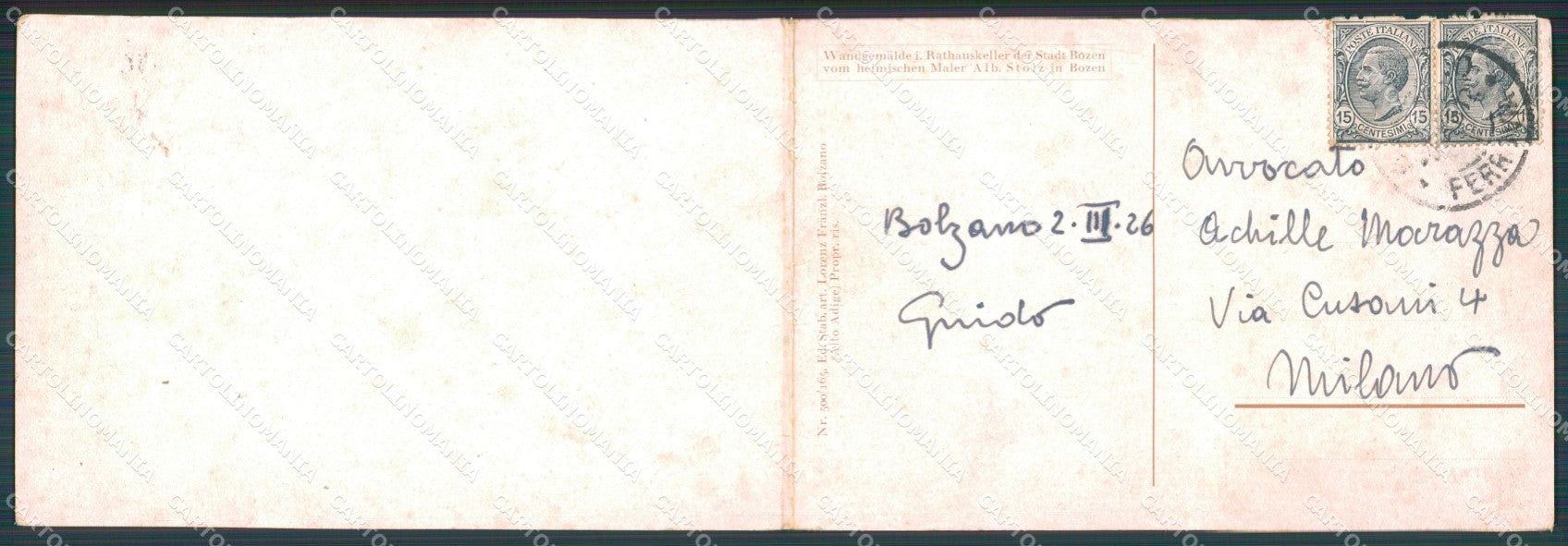 Bolzano città Affresco Cantina Municipale Doppia PIEGHINE cartolina MT1122 – retro