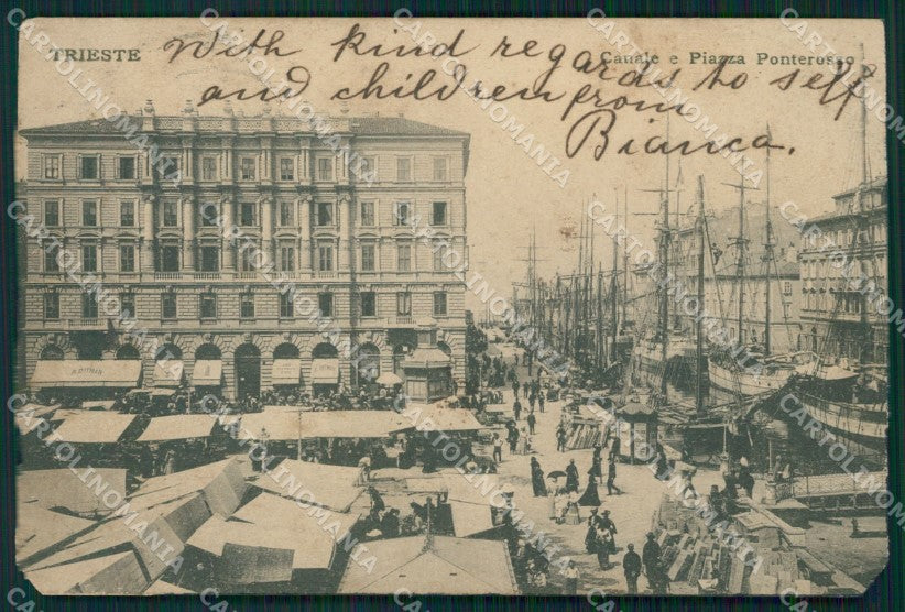 Trieste città Piazza Ponterosso Mercato PIEGA cartolina MT1347 – fronte