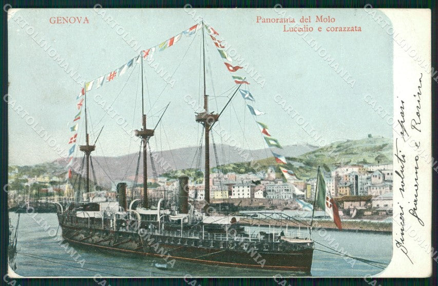 Genova città Molo Lucedio Corrazata PIEGHINA cartolina MT3252 – fronte