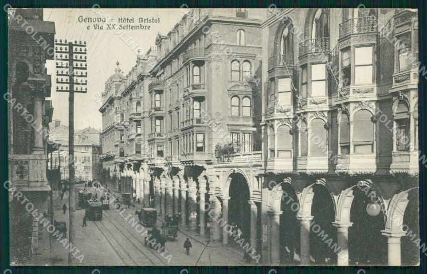 Genova città Via XX Settembre Hotel Bristol Tram cartolina MT3280 – fronte