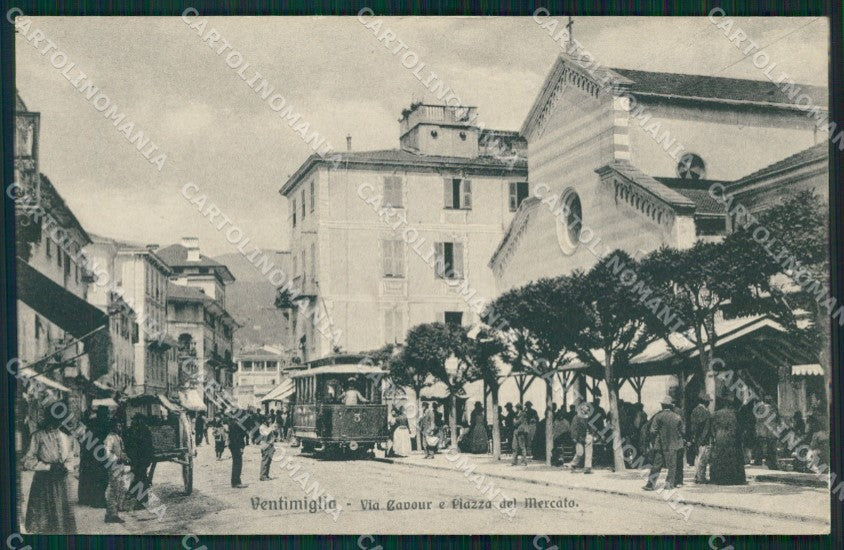 Imperia Ventimiglia Via Cavour Piazza MercatoTram cartolina MT3707 – fronte