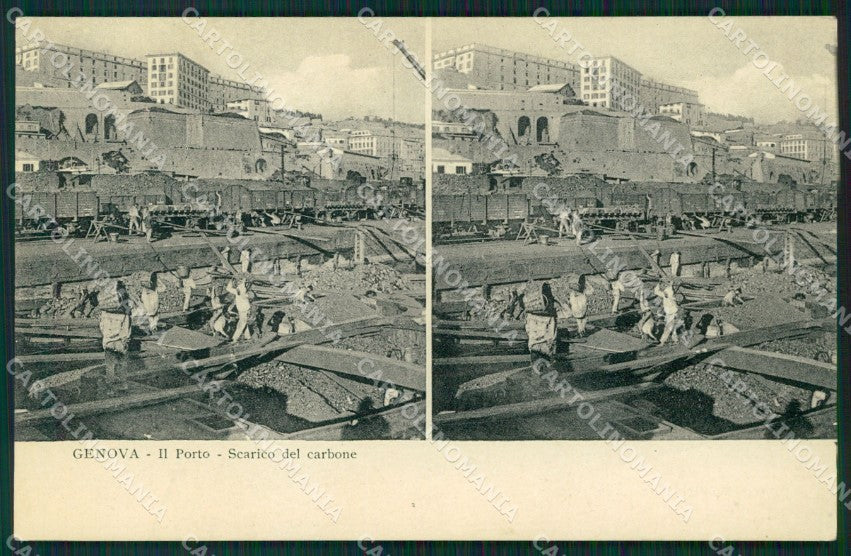 Genova città Porto Sbarco del Carbone Stereo View cartolina MT3943 – fronte