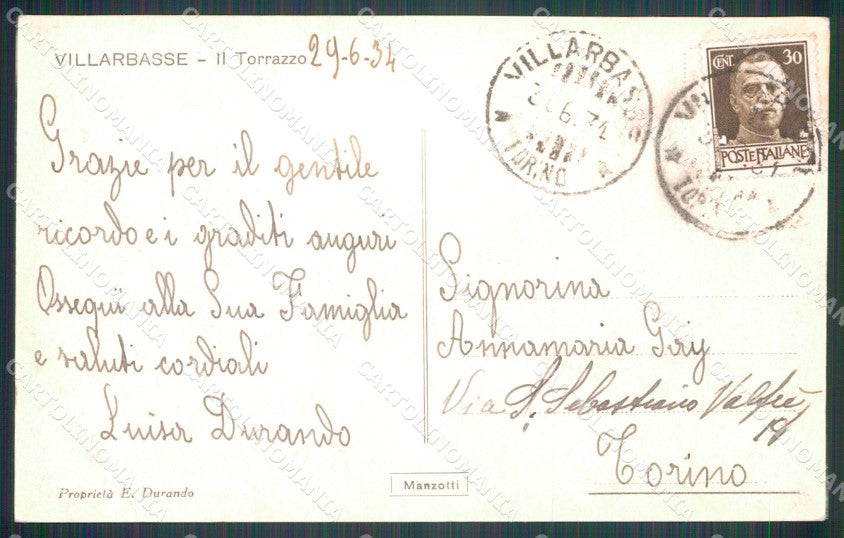 Torino Villarbasse il Torrazzo Foto cartolina MT4221 – retro