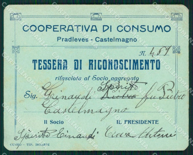 Cuneo Castelmagno Valle Grana Pradleves Cooperativa Consumo Tessera PIEGA MT6291 – fronte
