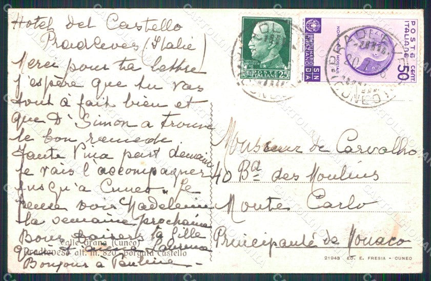 Cuneo Pradleves Grande Albergo del Castello cartolina MT6299 – retro