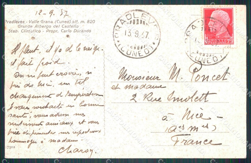 Cuneo Pradleves Grande Albergo del Castello cartolina MT6313 – retro