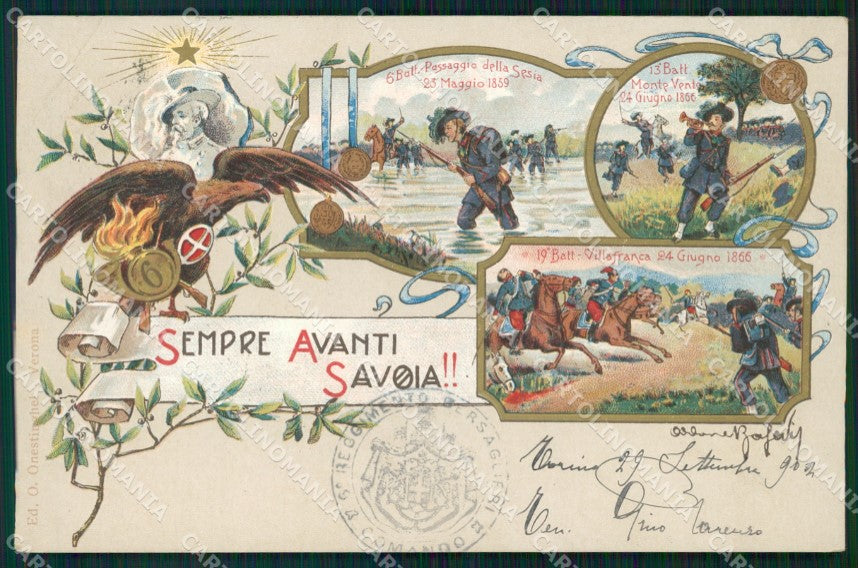 Militari Bersaglieri VI XIII XIX Battaglione VI Reggimento cartolina MT8205 – fronte