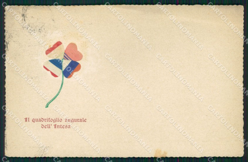 Militari WWI Propaganda Intesa Quadrifoglio Seta Flag cartolina MT9062 – fronte