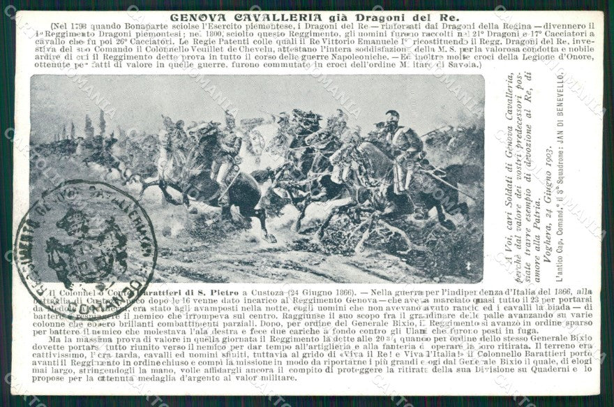 Militari Reggimento Genova Cavalleria Dragoni del Re Custoza cartolina MT9311 – fronte
