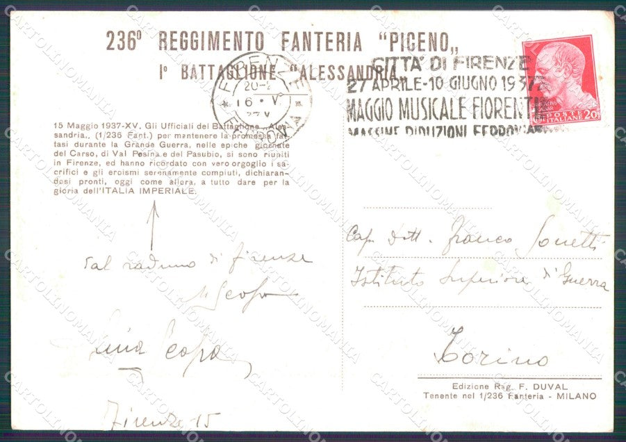 Militari 236º Fanteria Piceno I Battaglione Alessandria cartolina MT9898 – retro