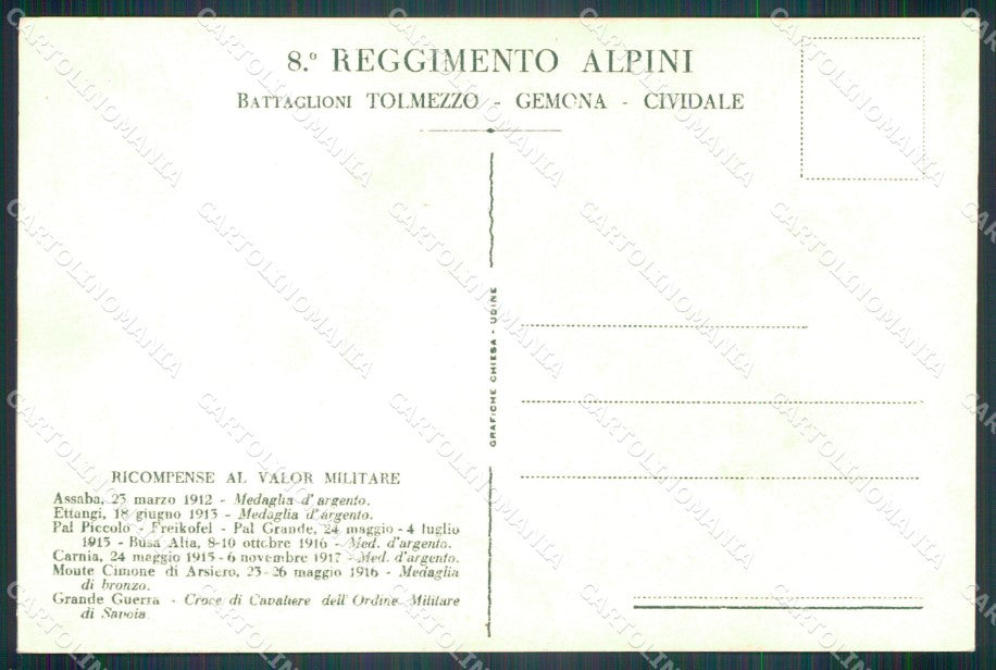 Militari Fascismo VIII Reggimento Alpini Tolmezzo Gemona cartolina MT9916 – retro