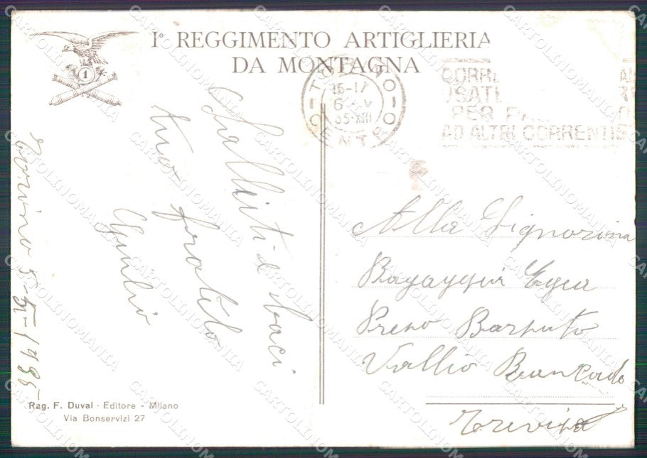 Militari I Reggimento Artiglieria da Montagna Alpini PIEGHINA cartolina MT9940 – retro