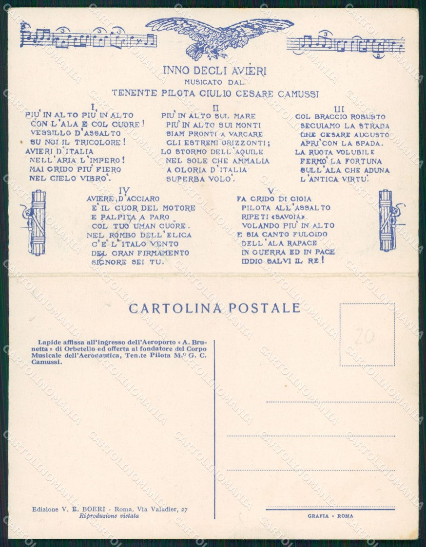 Militari Fascismo Aviazione Inno Avieri Camussi Spartito Doppia cartolina MT9966 – fronte