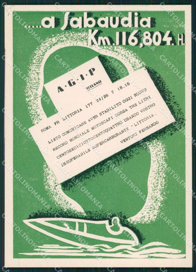 Latina Sabaudia Fascismo Record Mondiale Motoscafi Agip cartolina MT9967 – fronte