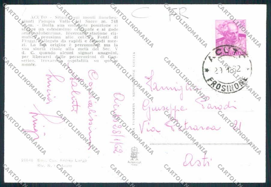 Frosinone Acuto ADESIVO Foto FG cartolina MV1230 – retro