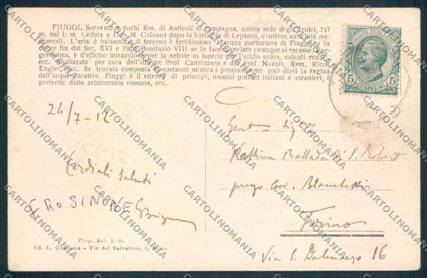 Frosinone Fiuggi cartolina MV1304 – retro