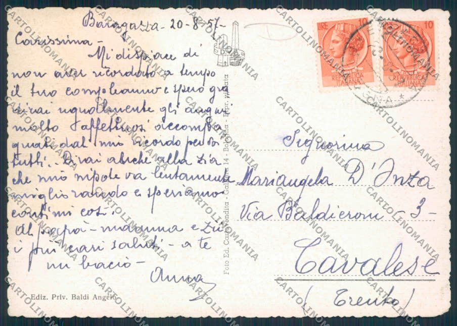 Bologna Baragazza Saluti da FG cartolina MV3406 – retro