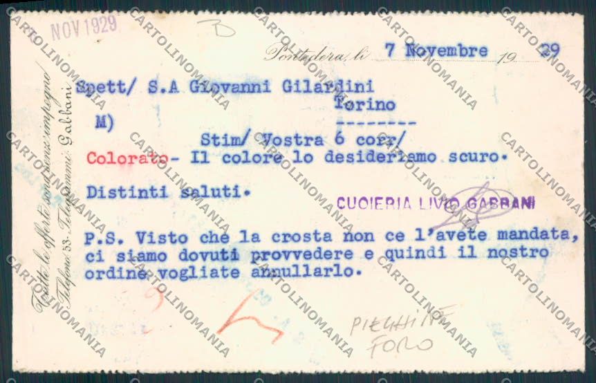 Pisa Pontedera Commerciale PIEGHE FORO cartolina MV4355 – retro
