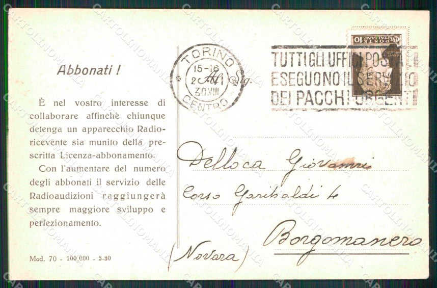 Torino Città Scadenza Licenza Abbonamento Radioaudizioni cartolina MX0304 – retro