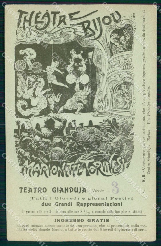 Torino Città Marionette Torinesi Teatro Bijou Biglietto formato cartolina MX0372 – fronte